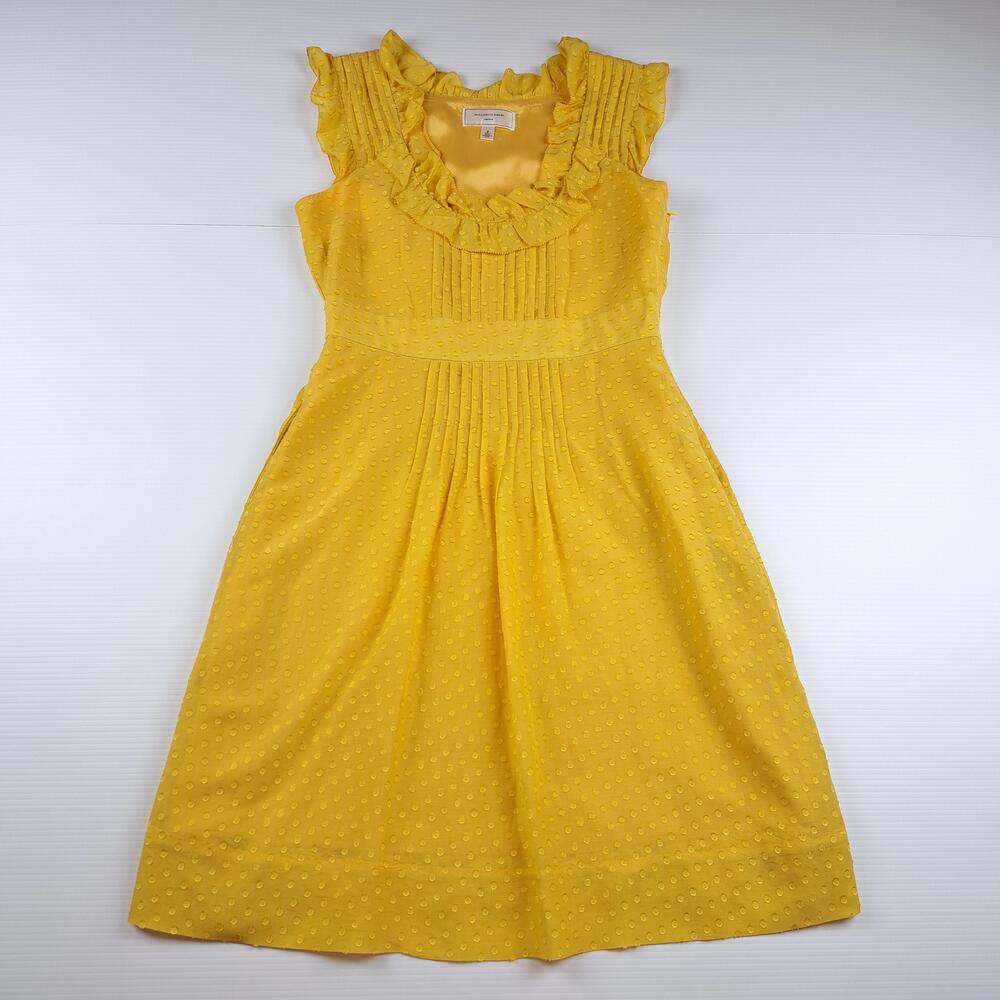Moulinette Soeurs Dress Womens 2 Yellow Swiss Dot Ruffle Fit Flare Knee Length